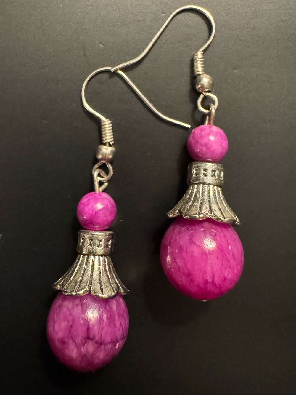 Plum Glass Bead Drop Earrings Silver Tone Boho Artisan Style Dangle